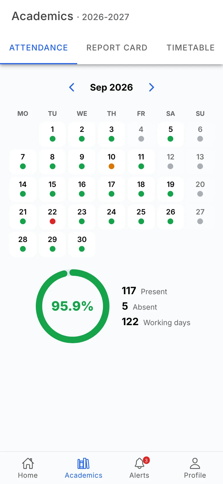 Parent app showing a child’s attendance