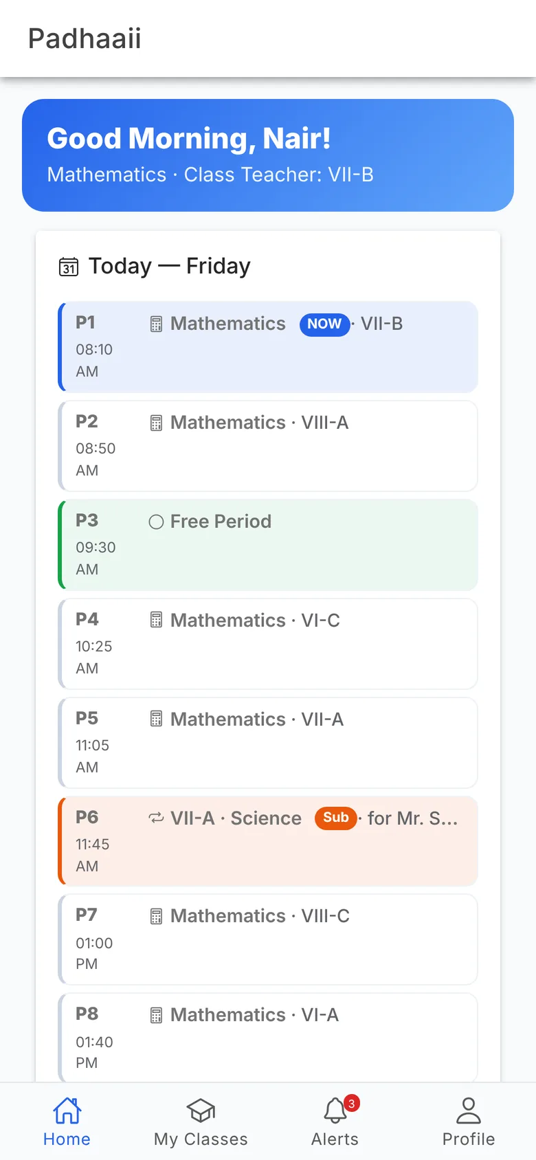 Teacher app home with today’s periods